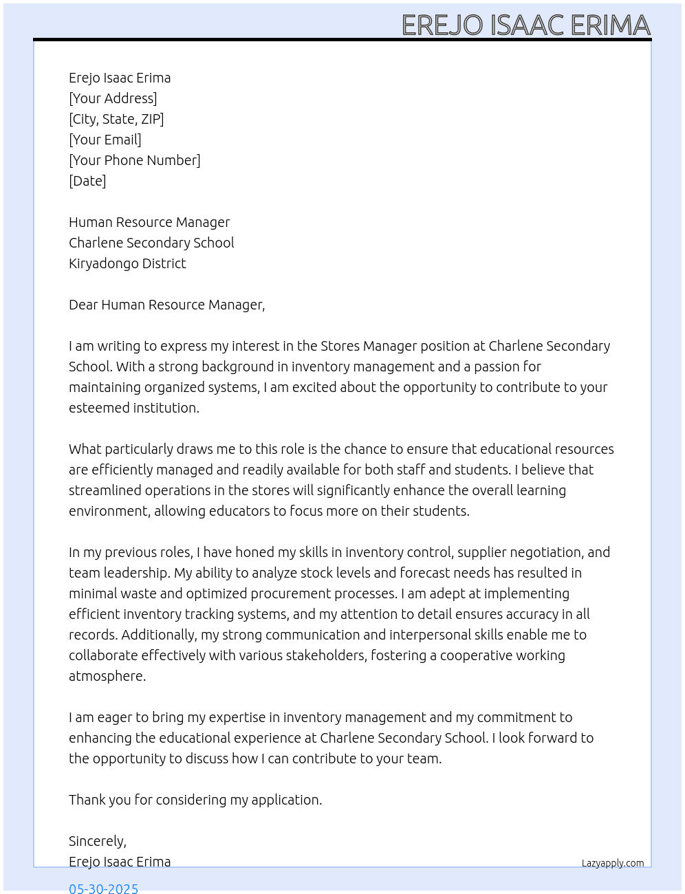 Stores Manager  At CHARLENE SECONDARY SCHOOL kiryadongo District  Cover Letter