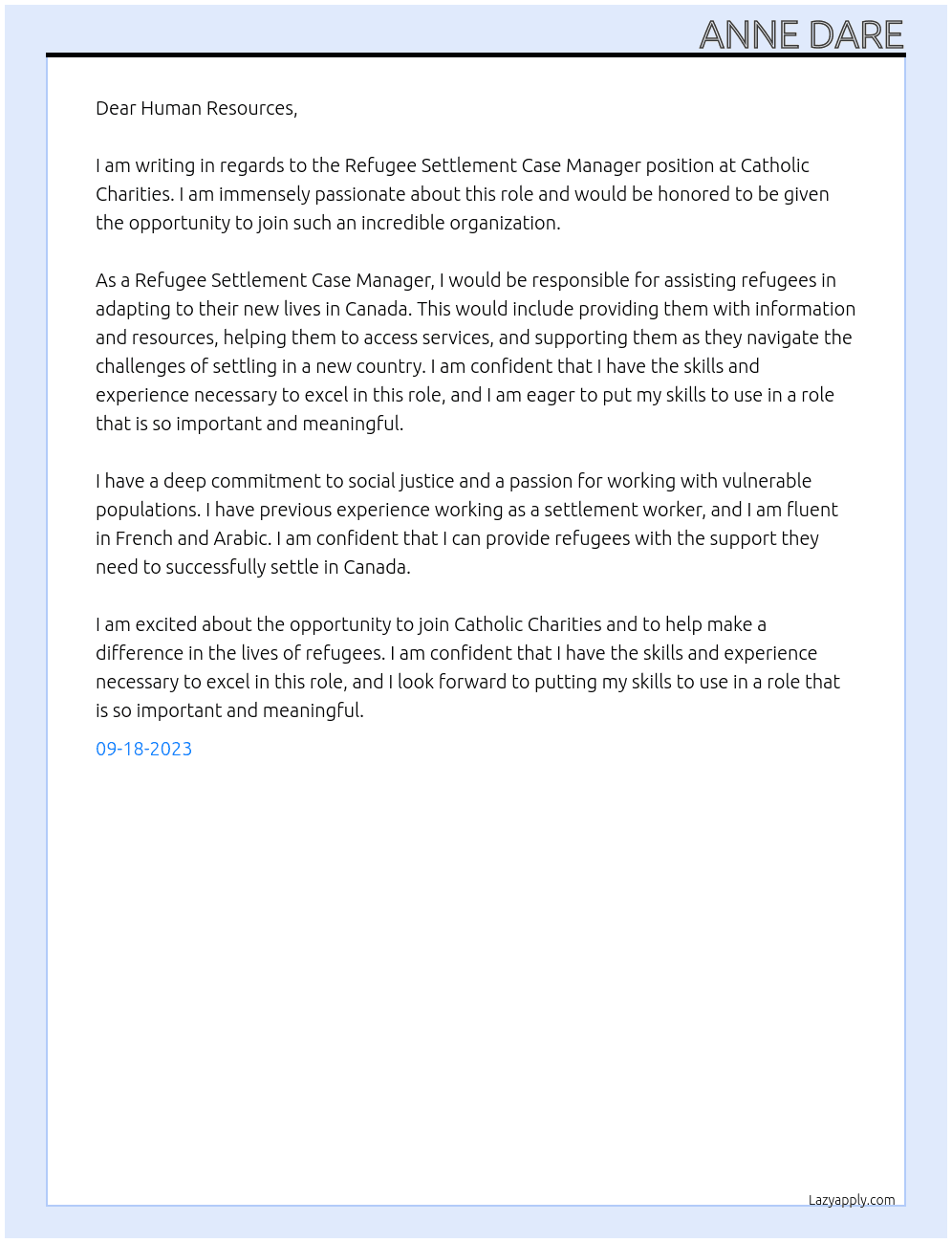 Refugee Settlement Case Manager At Catholic Charities Cover Letter