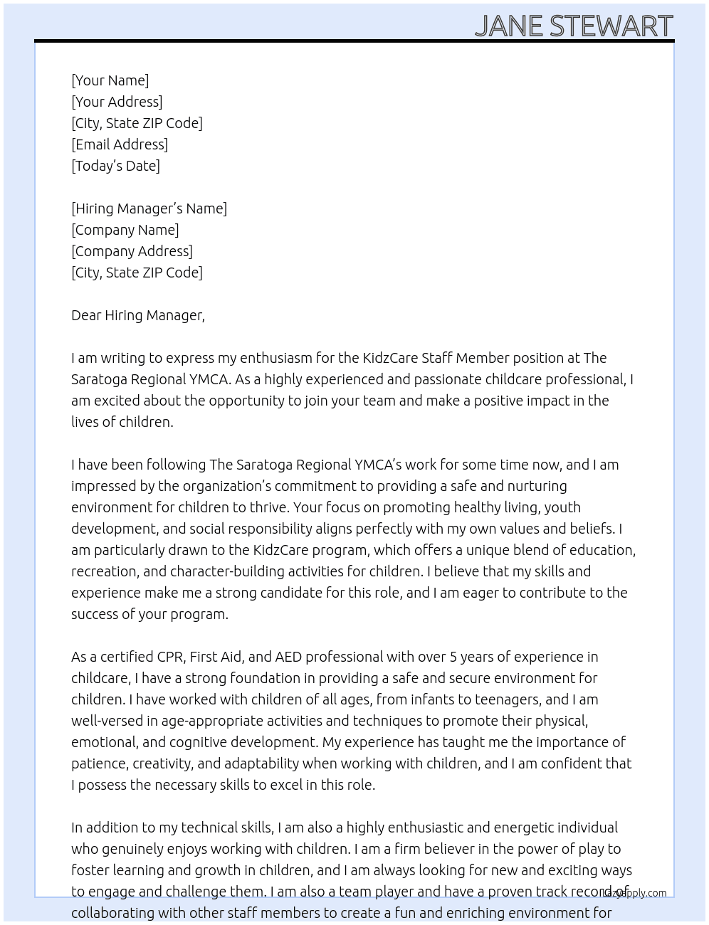 KidzCare Staff Member At The Saratoga Regional YMCA Cover Letter