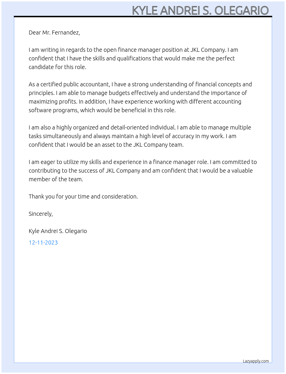 Finance manager At JKL Company  Cover Letter