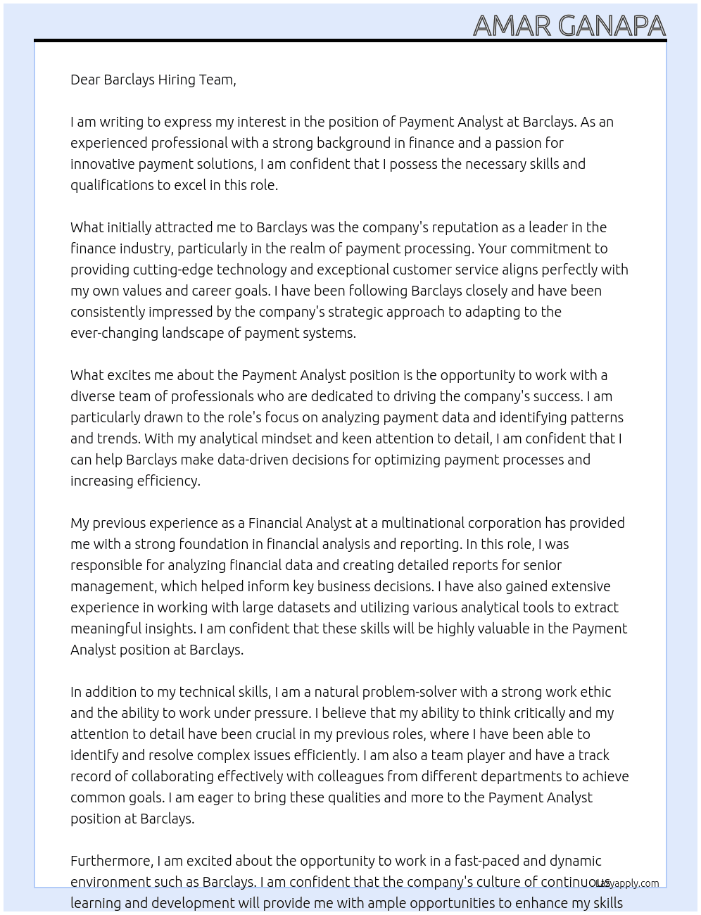 Cover letter for payment analyst - LazyApply