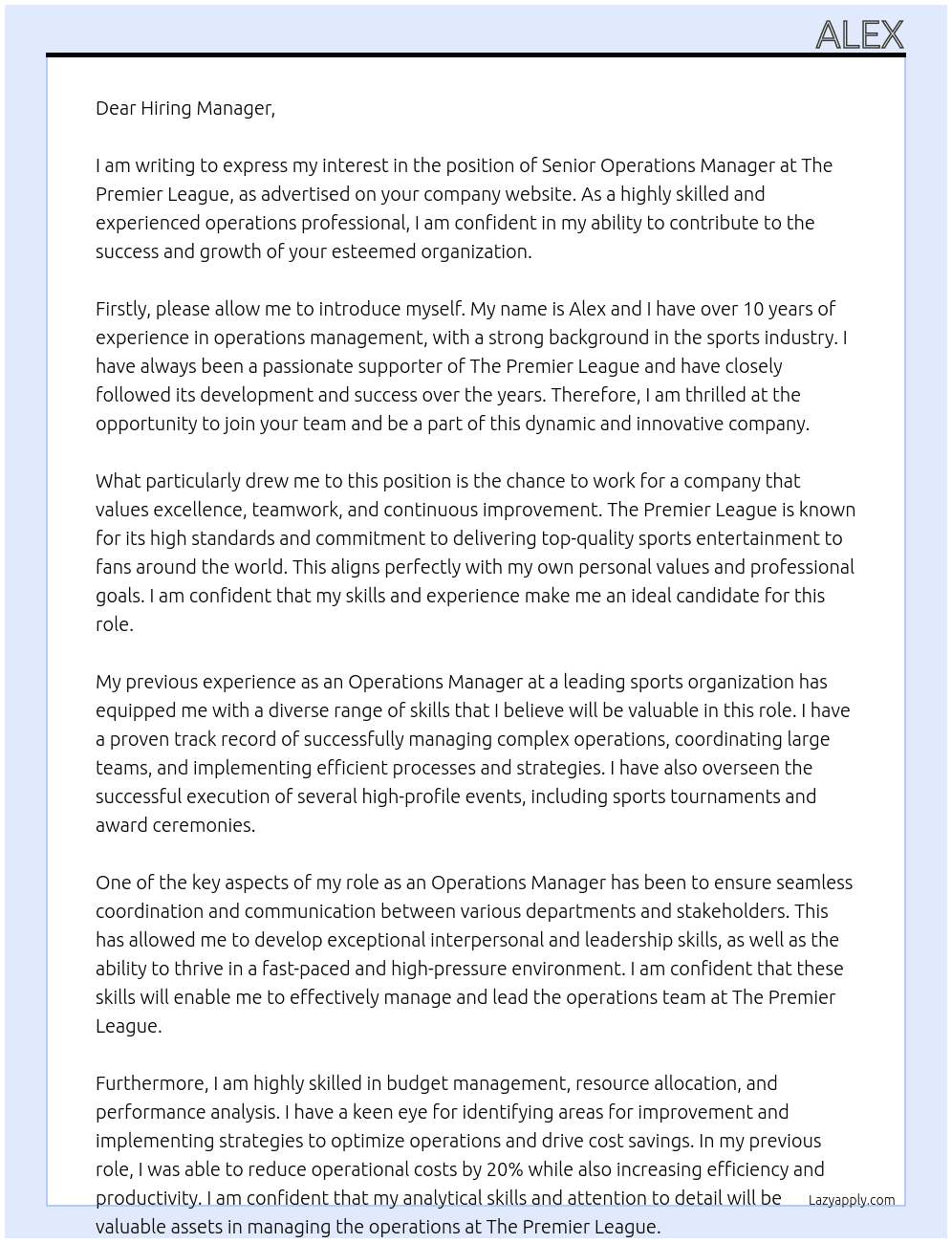 Senior operations manager At The Premier League Cover Letter