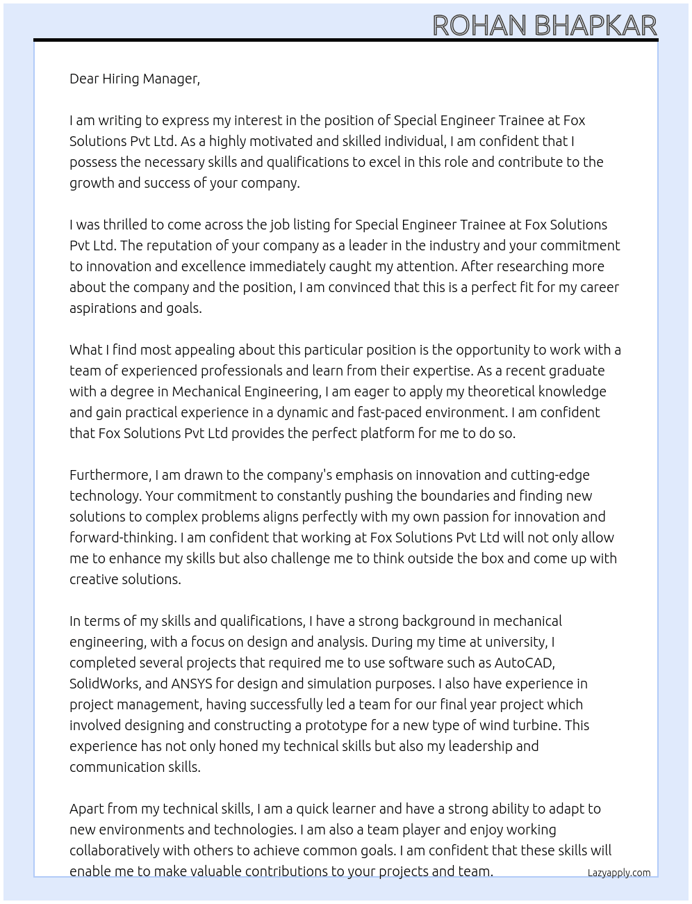 Special Engineer Trainee At Fox Solutions Pvt Ltd Cover Letter
