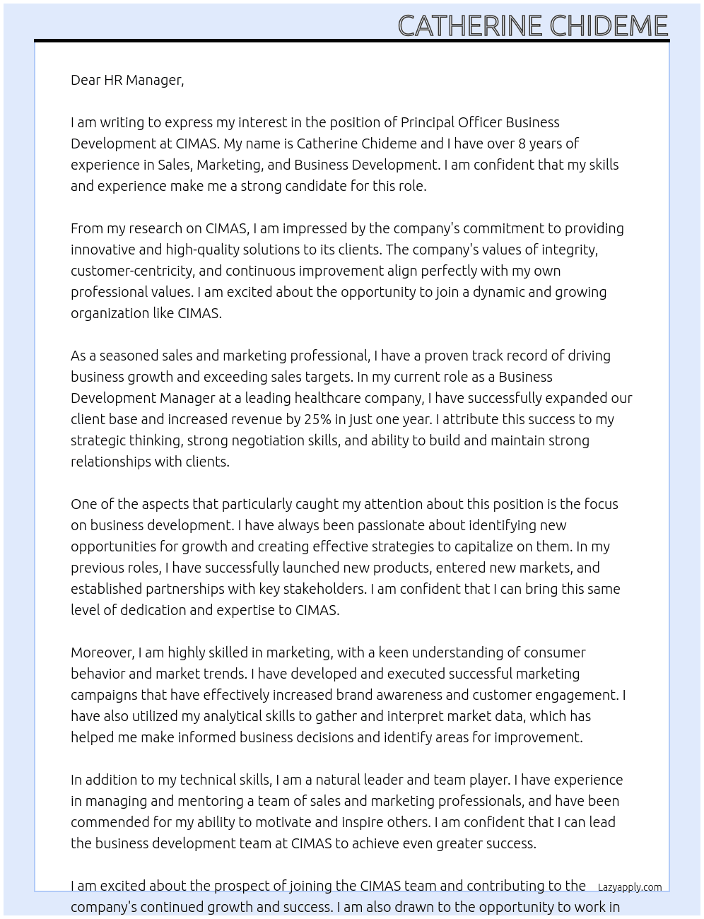 Principal Officer Business Development At CIMAS Cover Letter