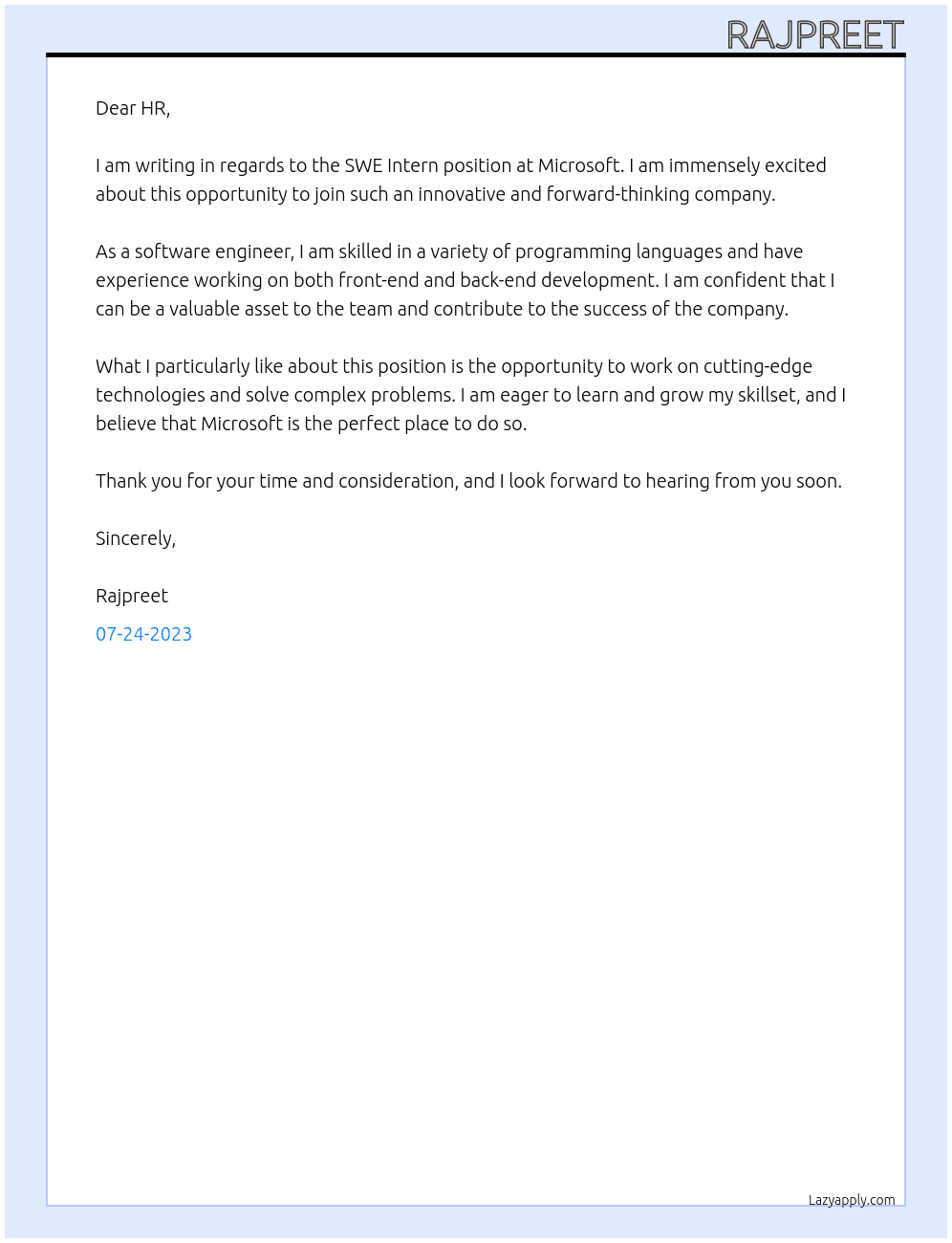 SWE Intern At Microsoft Cover Letter