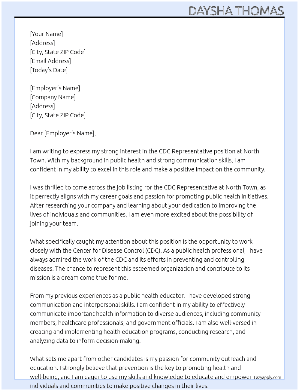 CDC representative  At North town  Cover Letter