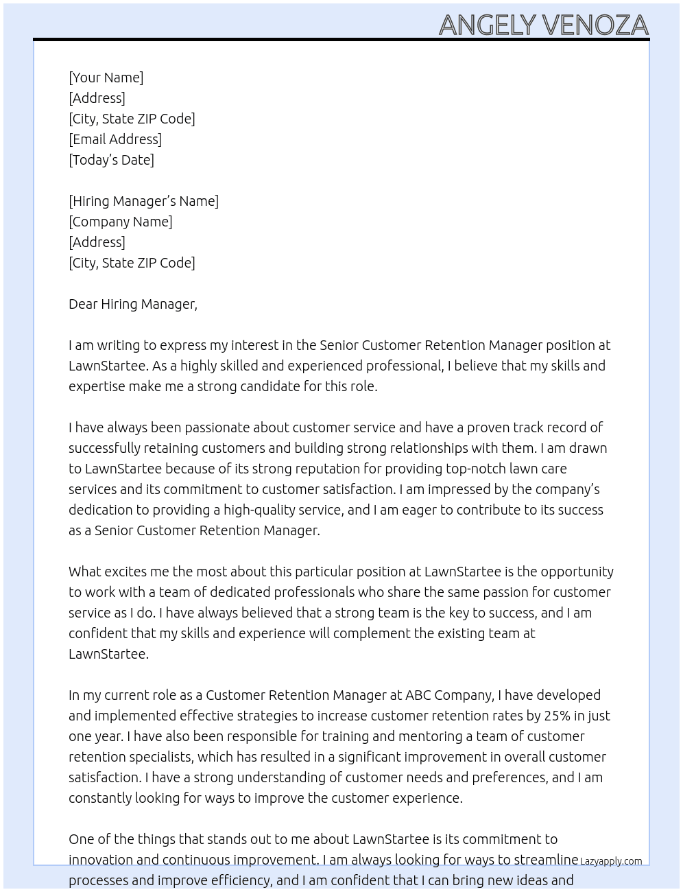 Senior customer retention manager At LawnStartee Cover Letter