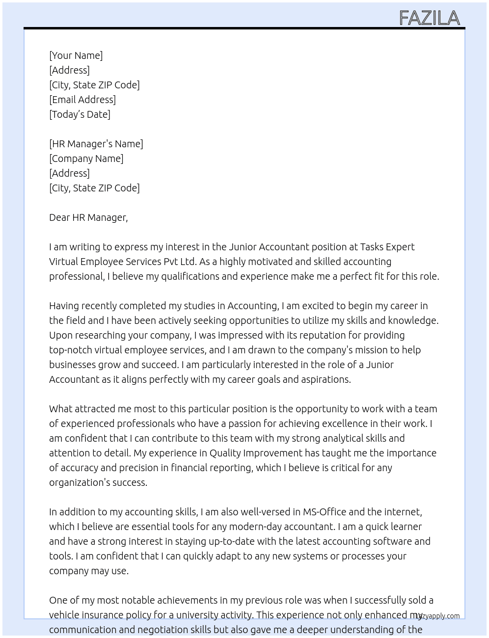Junior Accountant  At Tasks Expert Virtual Employee Services Pvt Ltd  Cover Letter