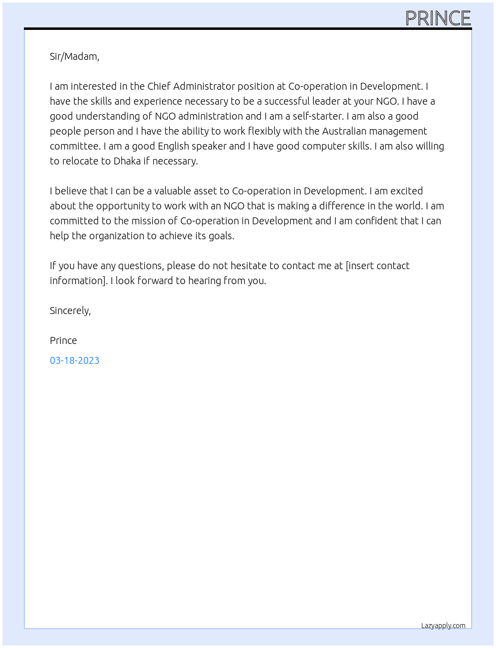 Chief Administrator At Co-operation in Development Cover Letter