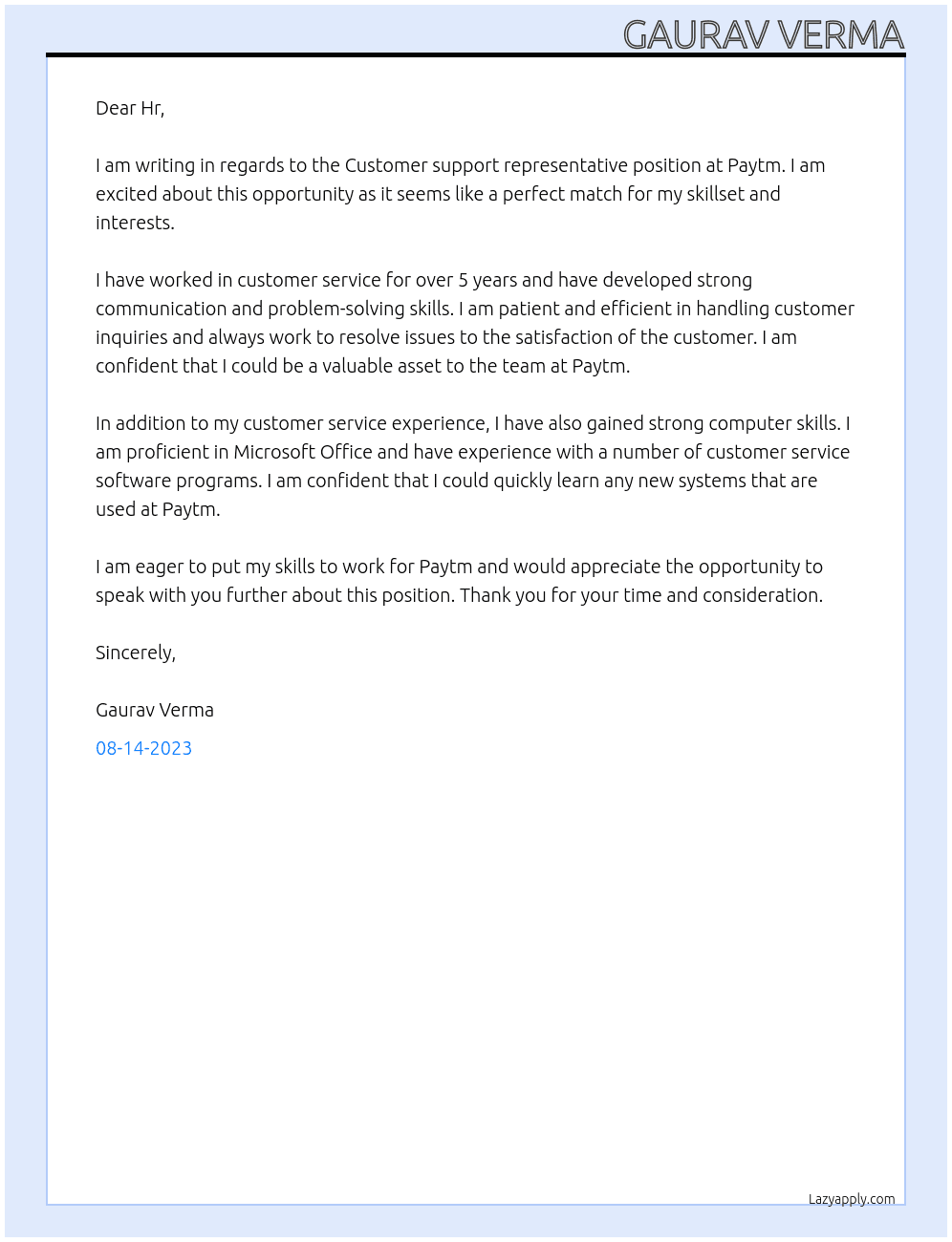 Customer support representative At Paytm Cover Letter