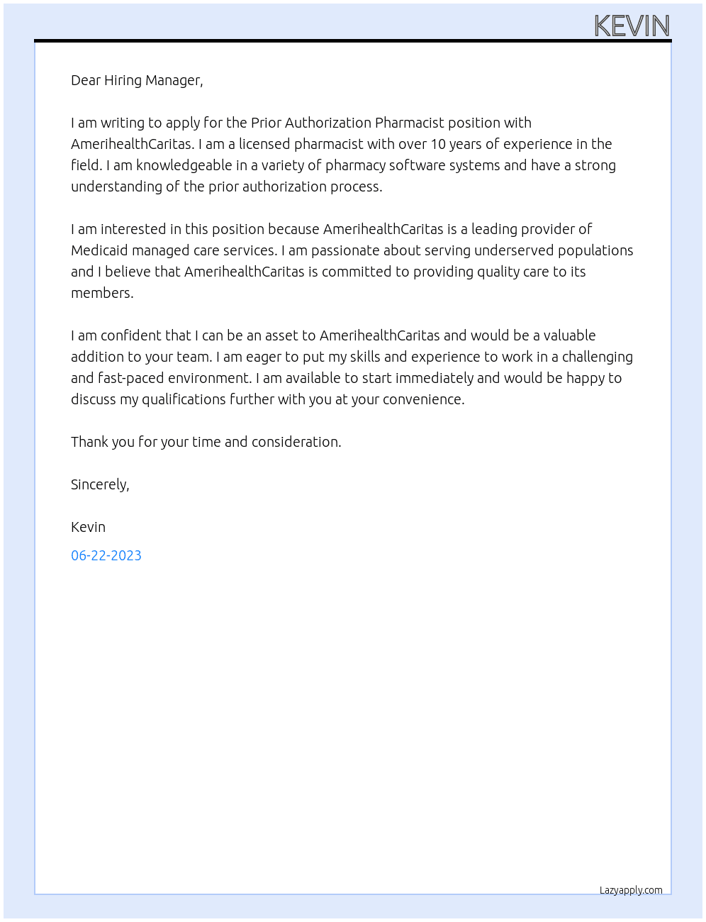 Prior Authorization Pharmacist At AmerihealthCaritas Cover Letter