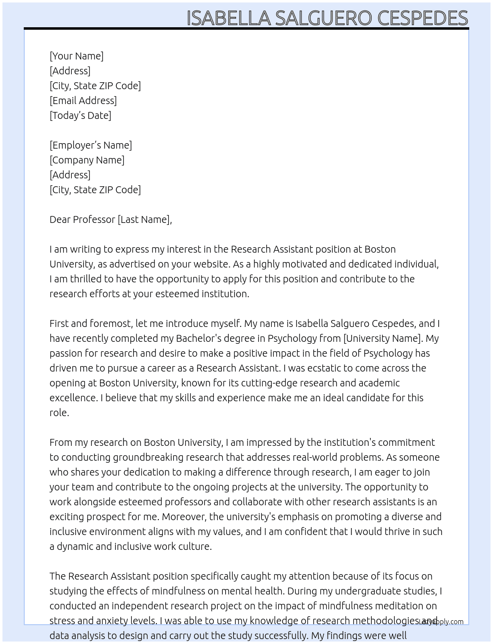Research Assistant At Boston University  Cover Letter