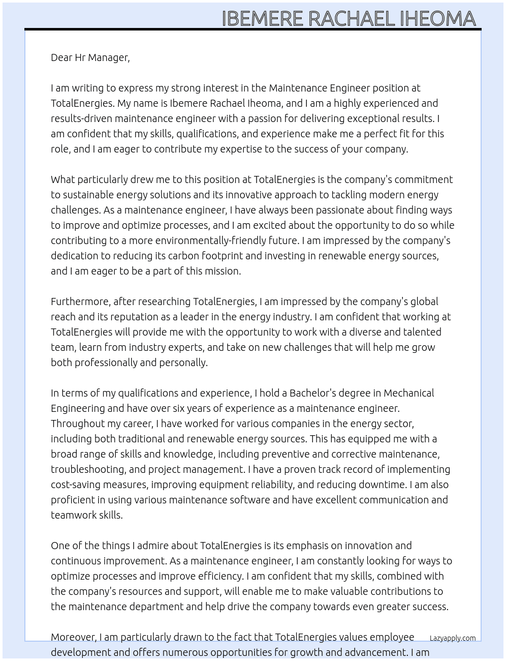 Maintenance Engineer  At TotalEnergies  Cover Letter
