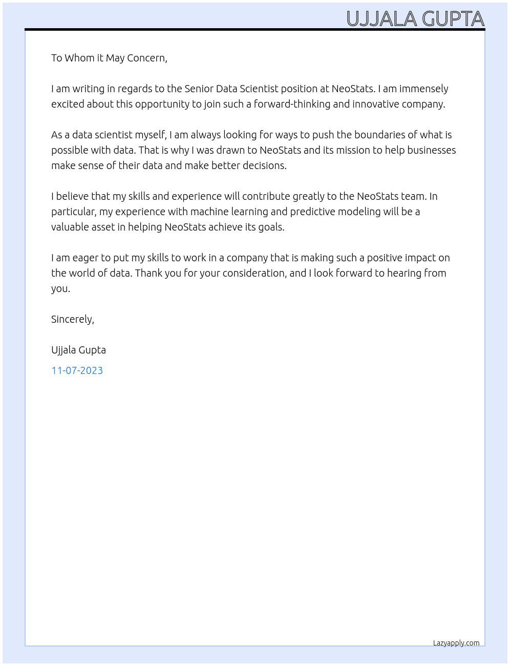 senior Data Scientist At NeoStats Cover Letter