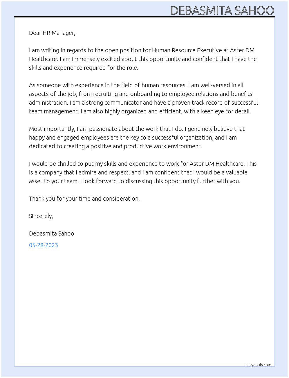 human resource executive  At Aster DM healthcare Cover Letter