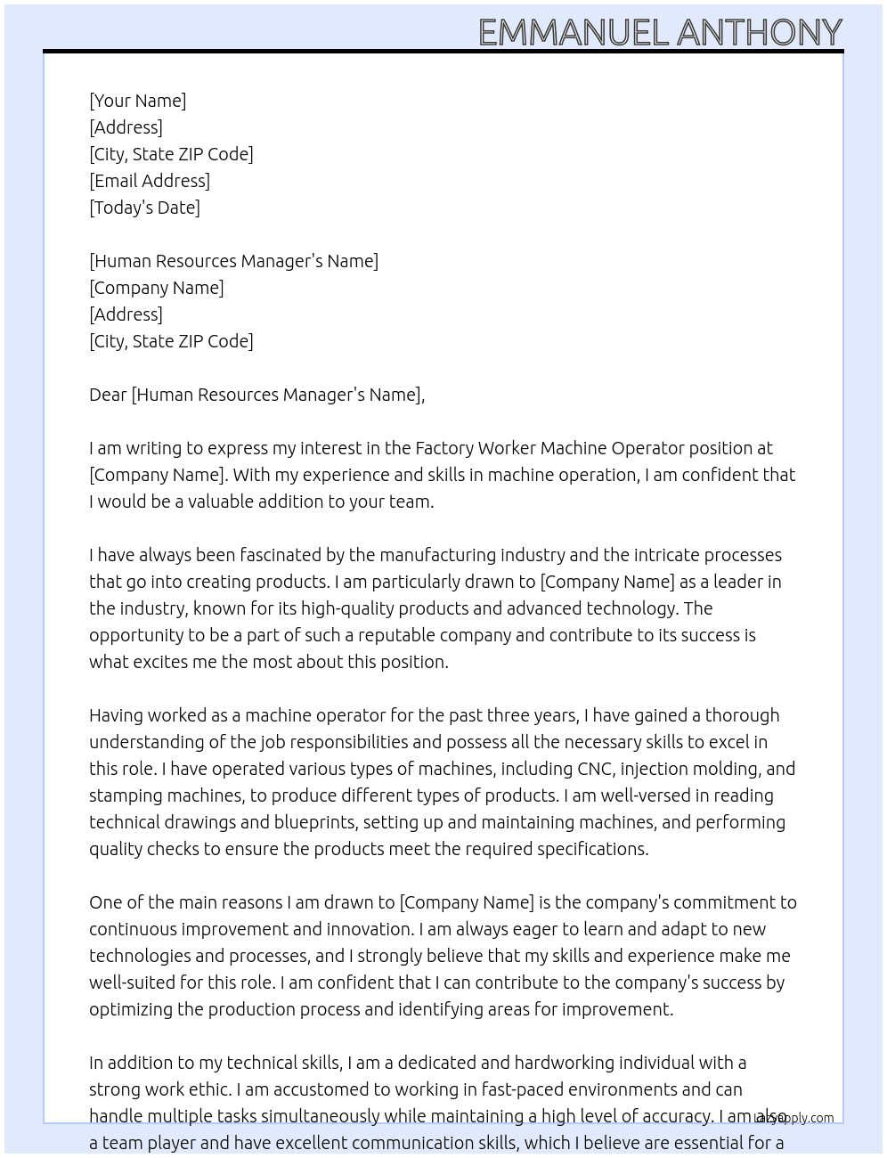 Factory worker machine operator  At Factory worker Cover Letter