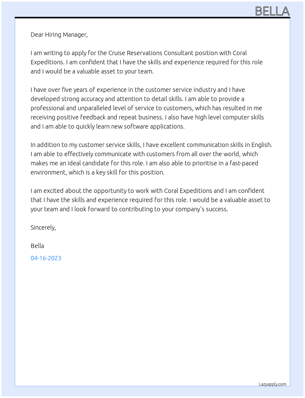 Cruise Reservations Consultant  At Coral Expeditions  Cover Letter