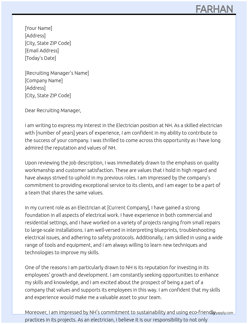 Electrician  At NH Cover Letter