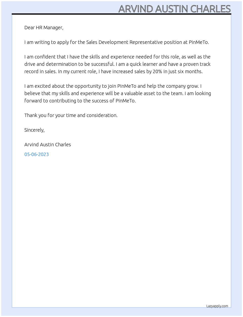 Sales Development Representative At PinMeTo Cover Letter