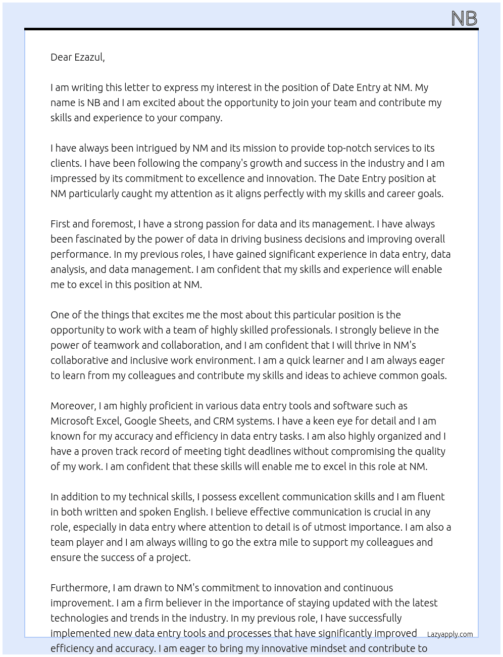 date antry At nm Cover Letter