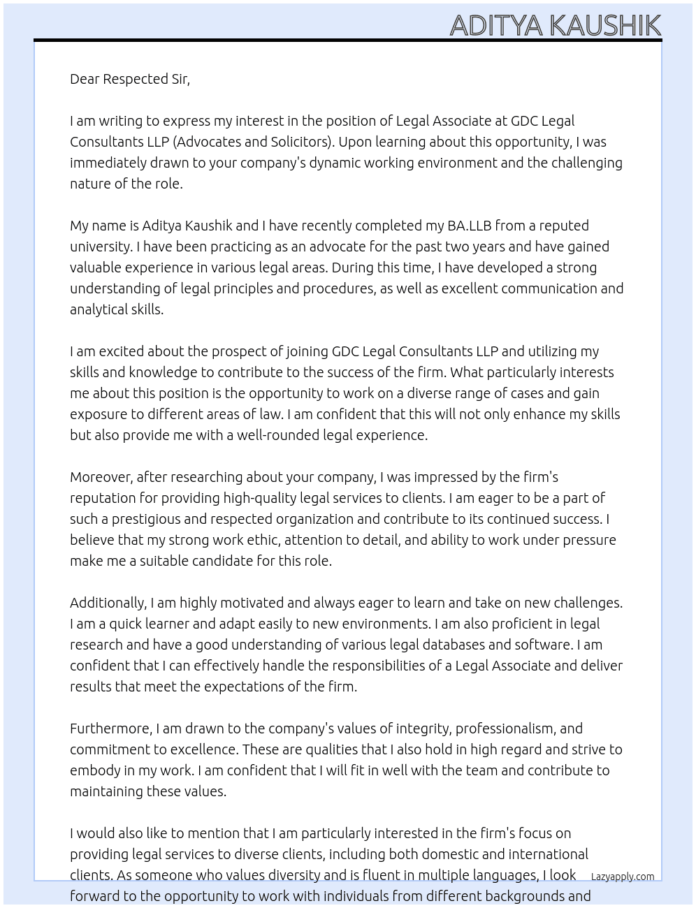 Legal Associate At GDC Legal Consultants LLP (Advocates and Solicitors) Cover Letter