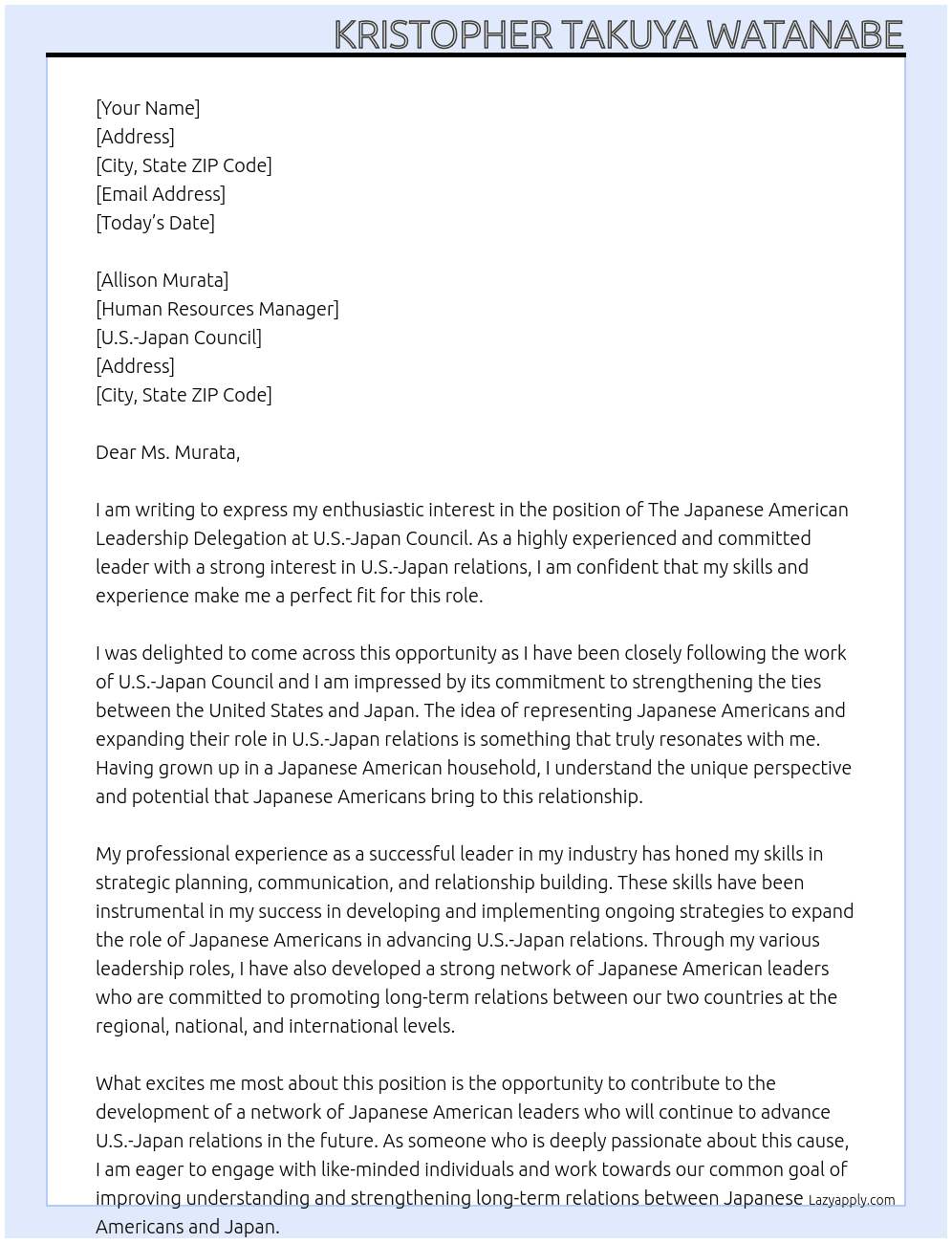 The Japanese American Leadership Delegation At U.S.-Japan Council Cover Letter