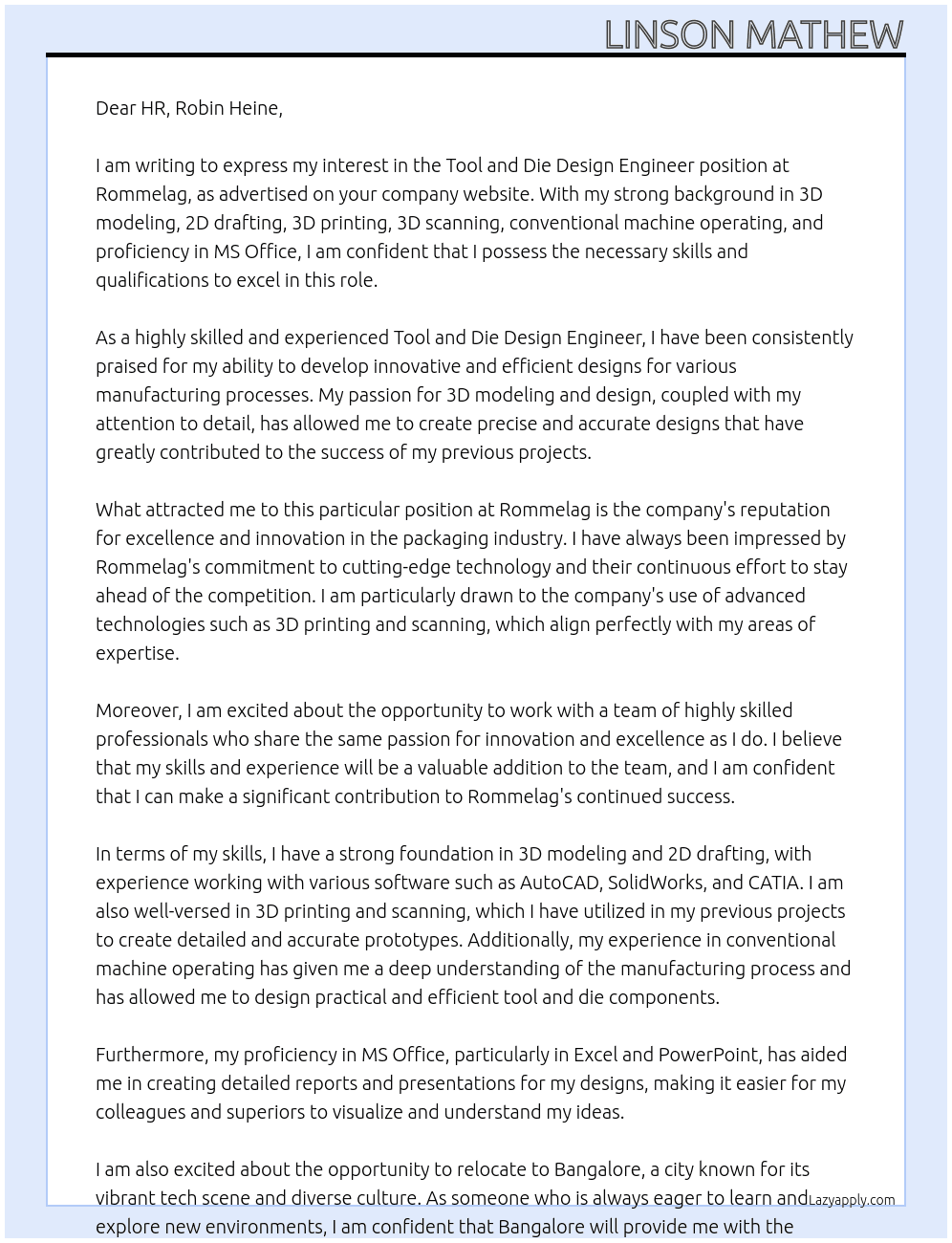 Tool and Die Design engineer At Rommelag Cover Letter