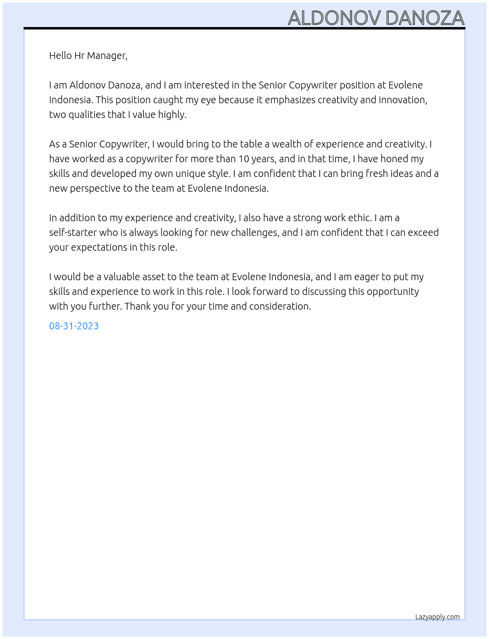 Senior Copywriter At Evolene Indonesia Cover Letter