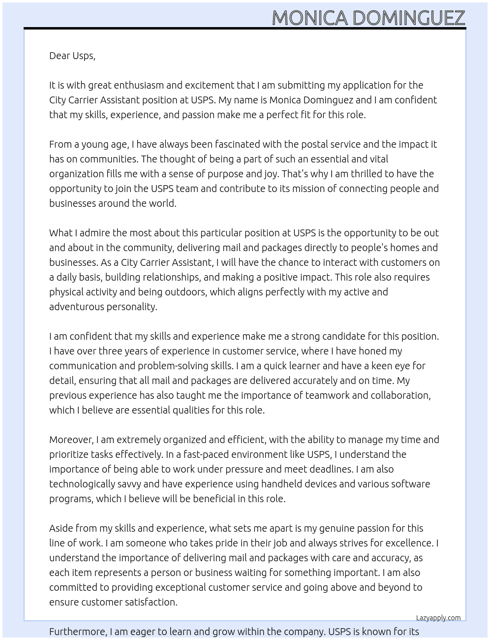 City Carrier Assistant At USPS Cover Letter