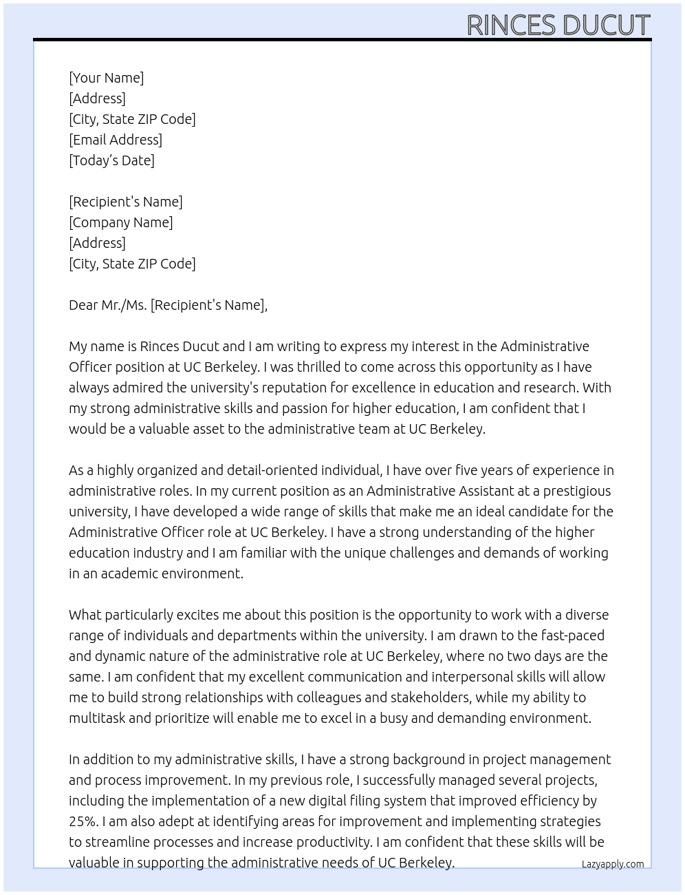 Administrative Officer At UC Berkeley Cover Letter