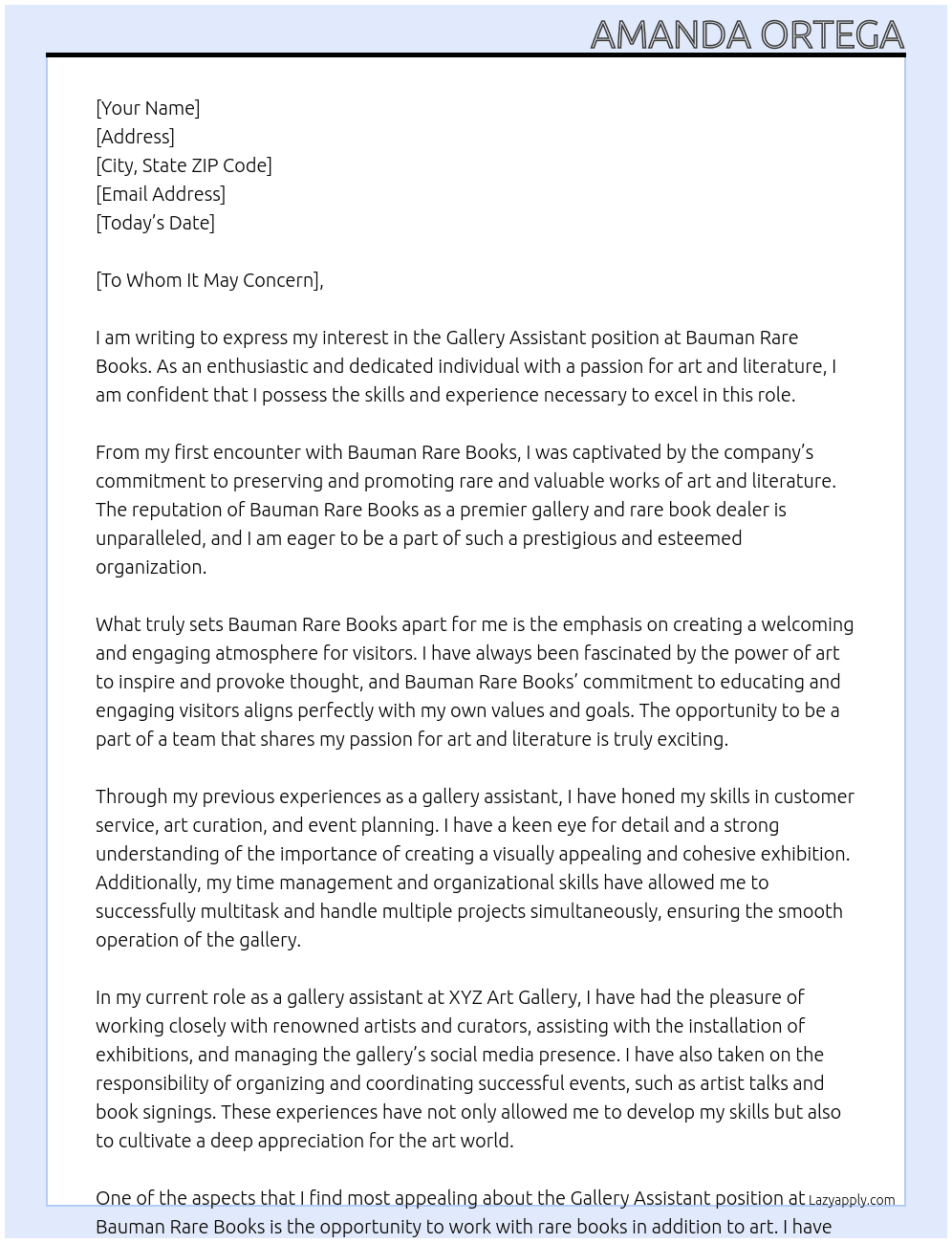 Gallery Assistant At Bauman Rare Books Cover Letter