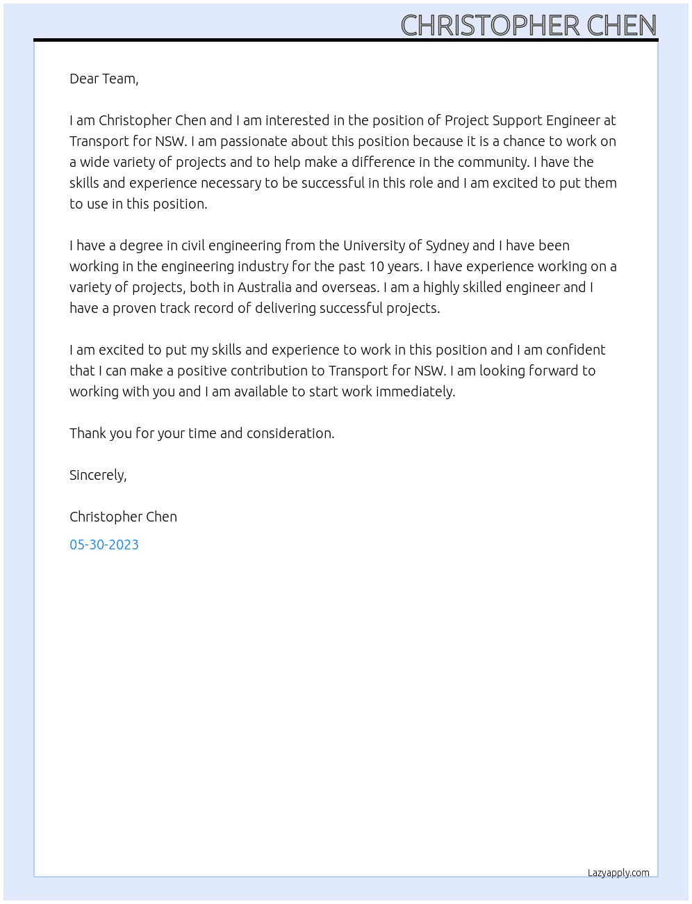 Project Support Engineer At Transport for NSW Cover Letter