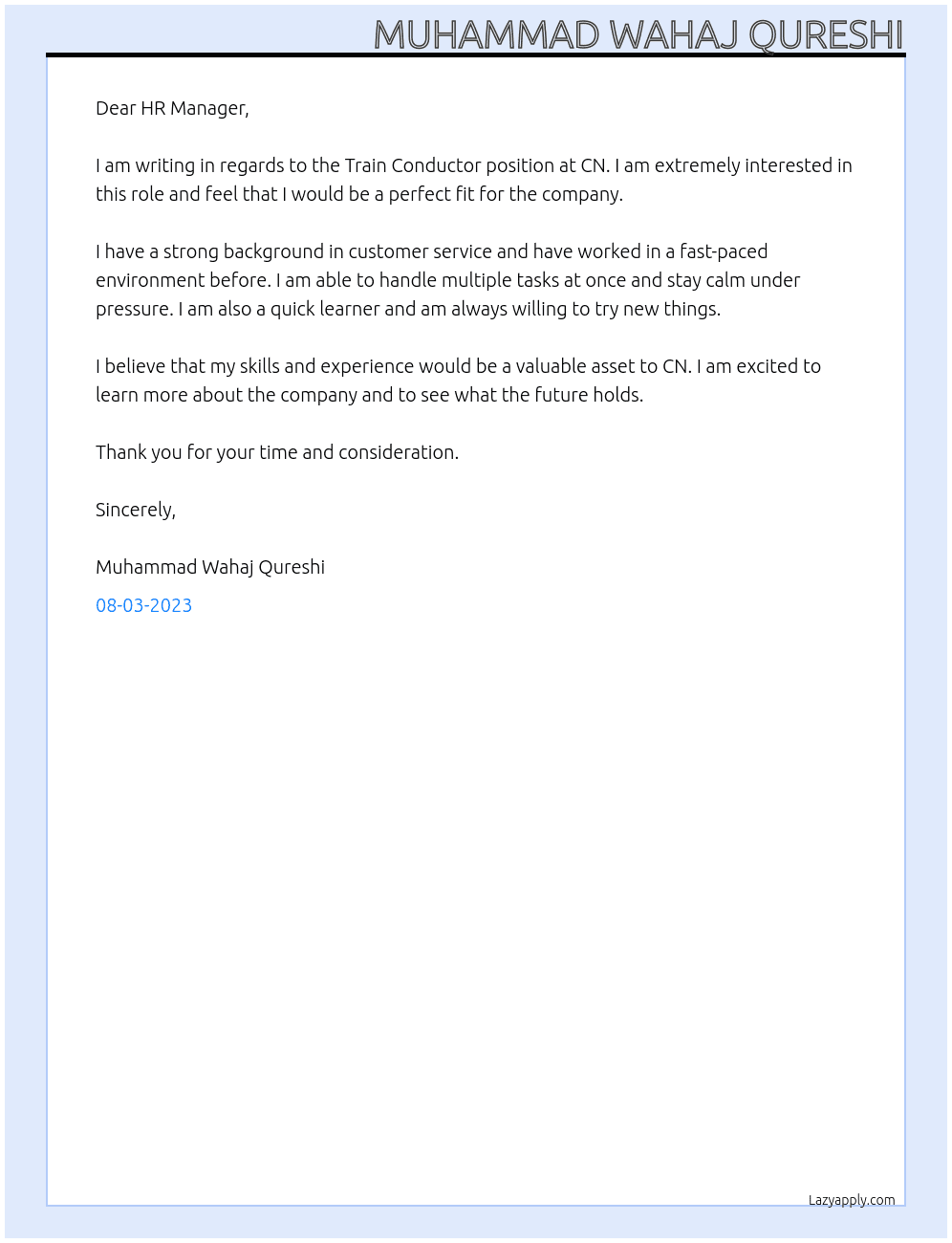 Train Conductor At CN Cover Letter