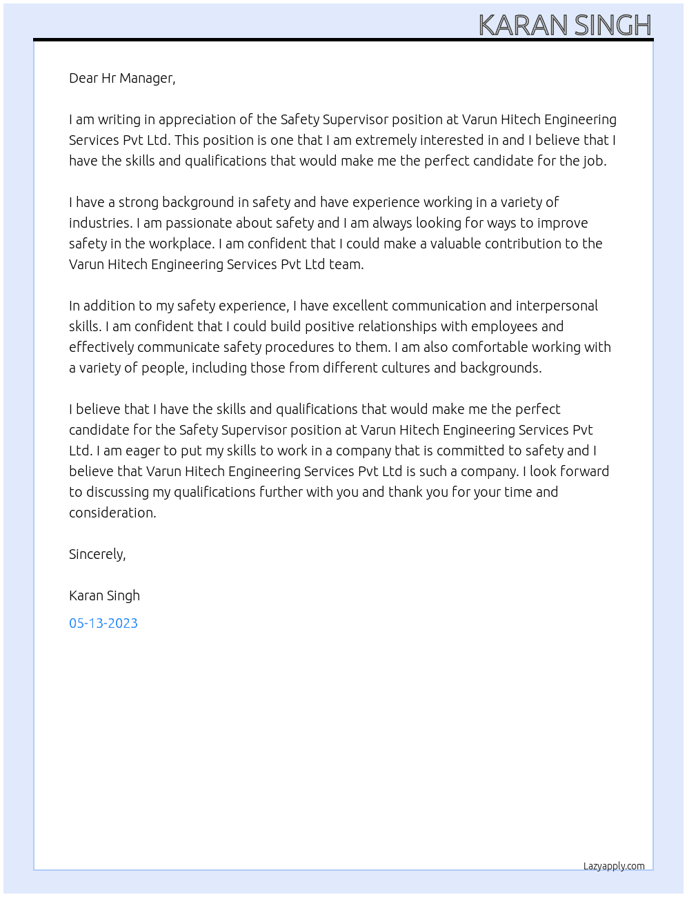 Safety Supervisor At Varun Hitech Engineering Services Pvt Ltd Cover Letter