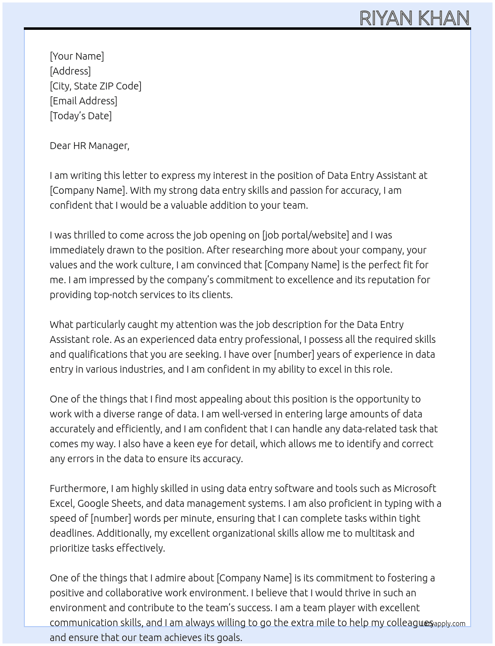Data Entry Assistant At in his company Cover Letter