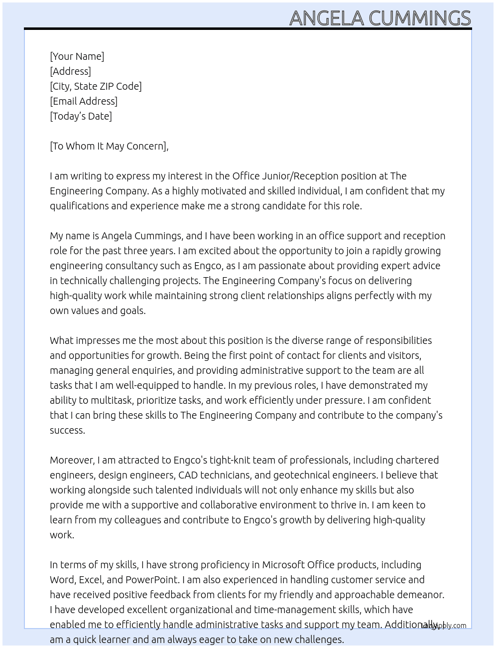 Office Junior/Reception At The Engineering Company Cover Letter