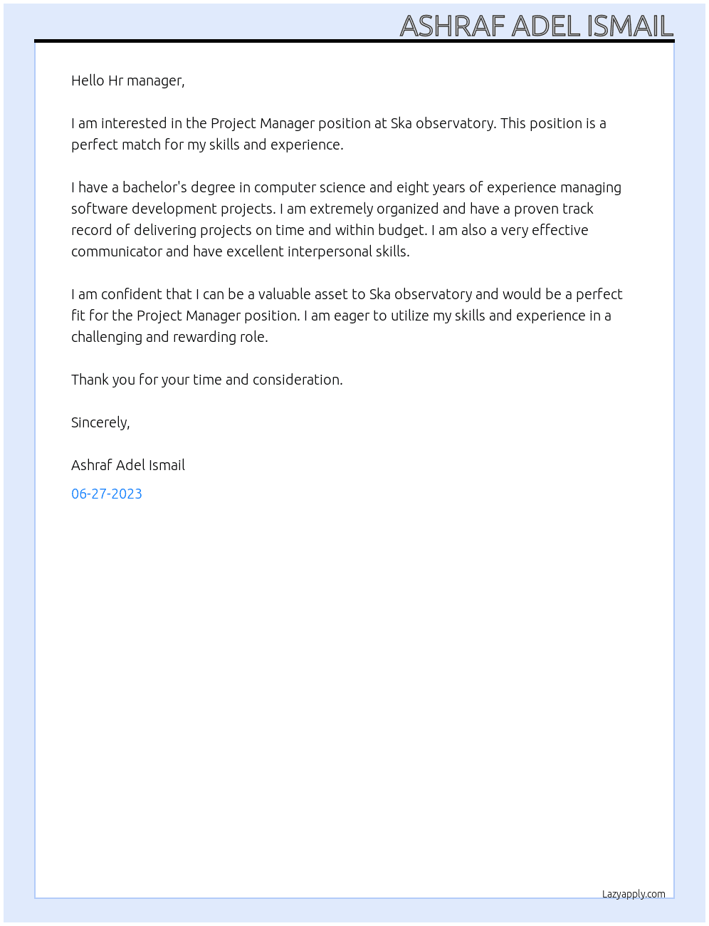 Project Manager At Ska observatory Cover Letter