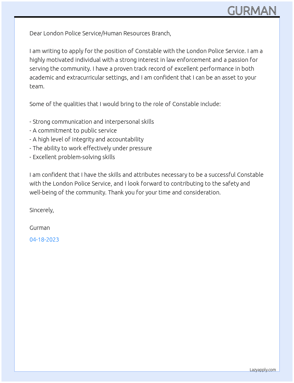 Constable At London Police Services  Cover Letter