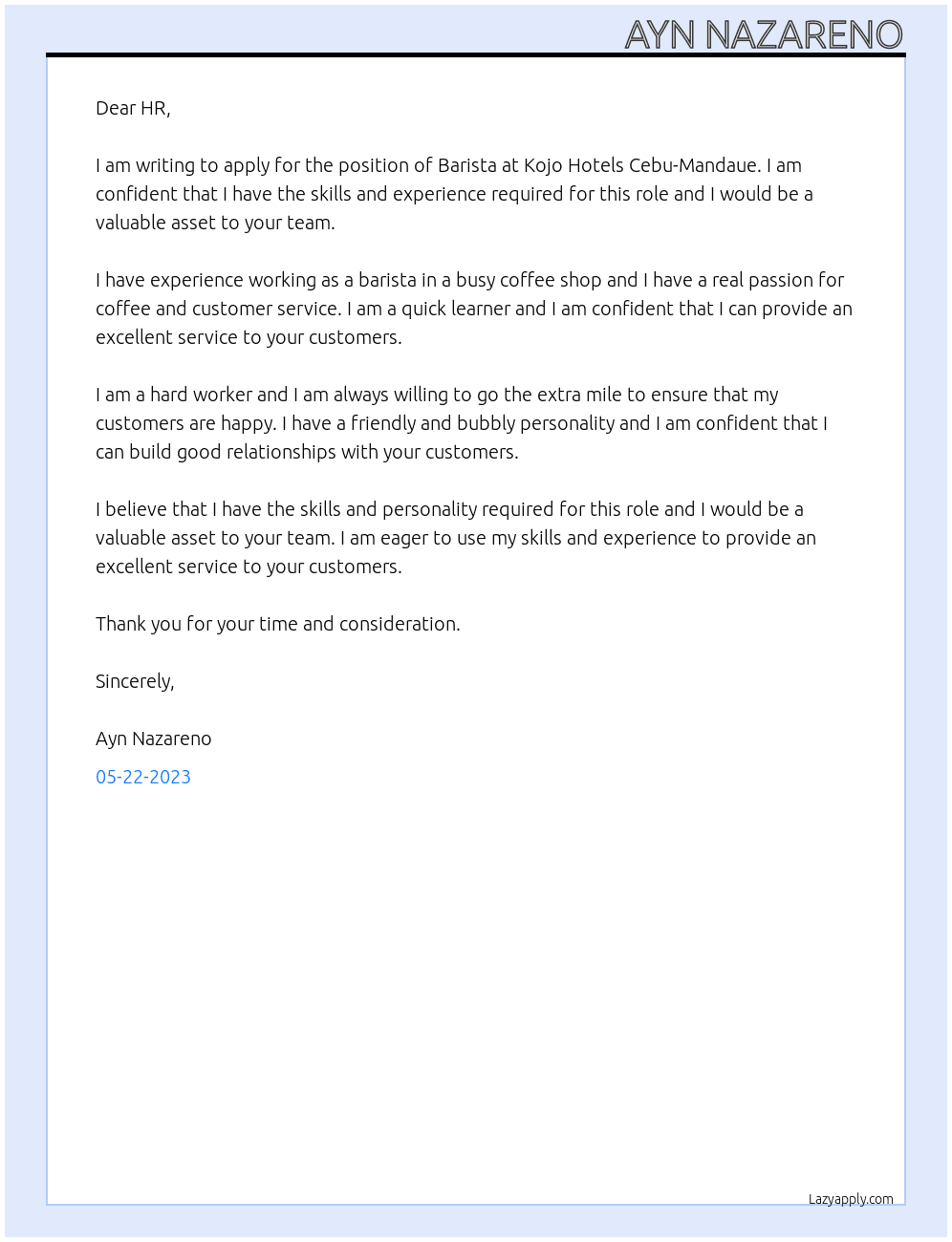 Barista At Royal Paragon Group Inc.  Cover Letter