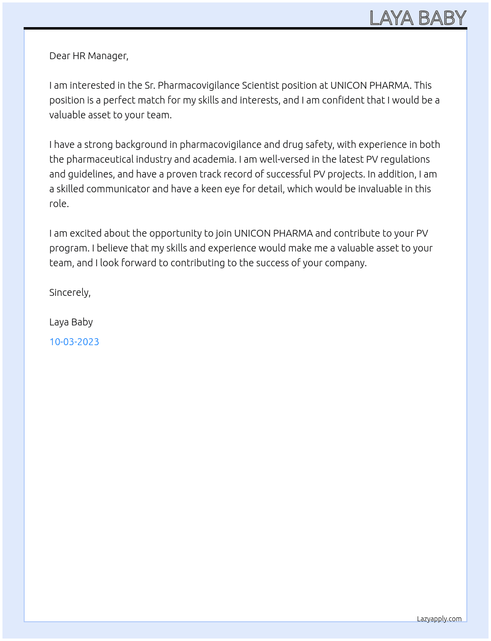 Sr. Pharmacovigilance Scientist At UNICON PHARMA Cover Letter