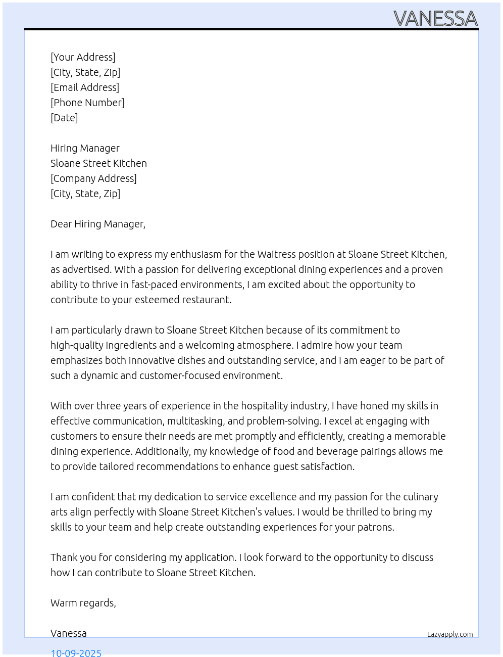 Waitress At Sloane Street Kitchen Cover Letter