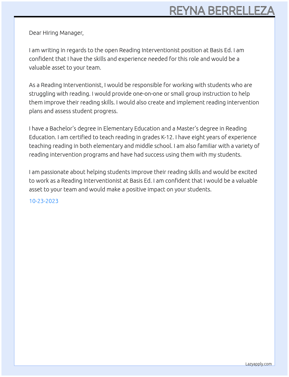 Reading interventionist  At Basis Ed Cover Letter