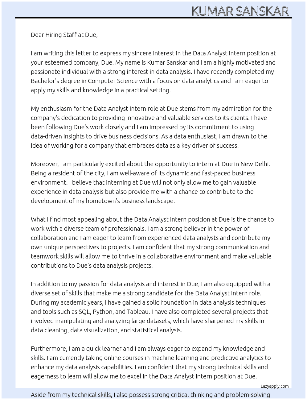 Data analyst intern At Due Cover Letter