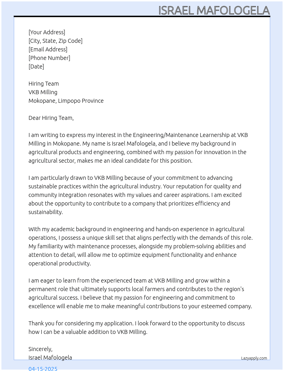 Cover letter for engineering / maintenance leanership - LazyApply