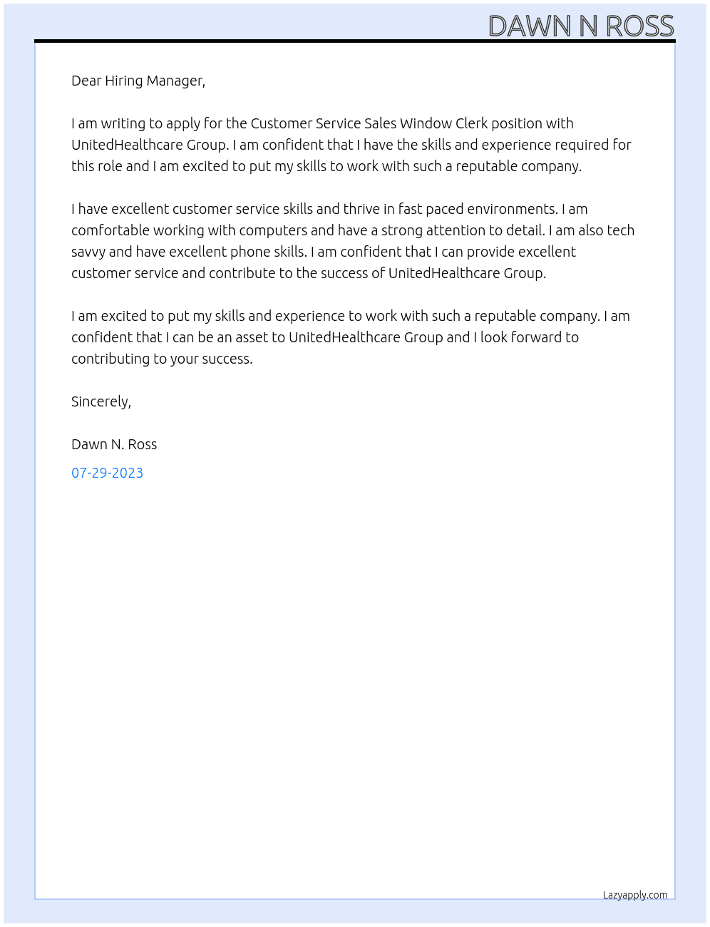 Customer service sales window clerk At UnitedHealthcare Group Cover Letter