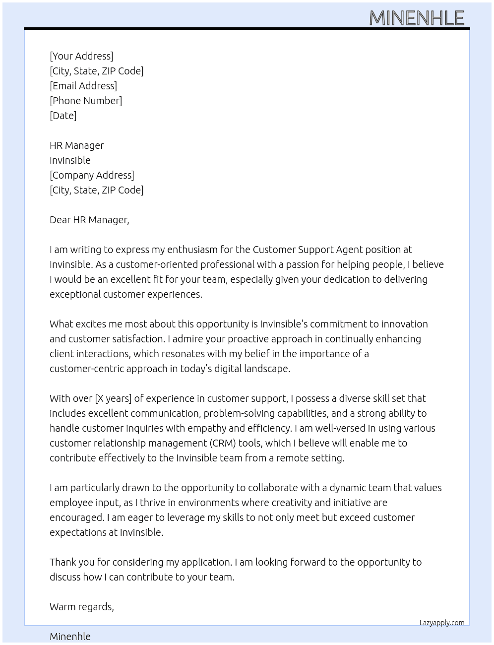 Customer Support Agent  At Invinsible Cover Letter