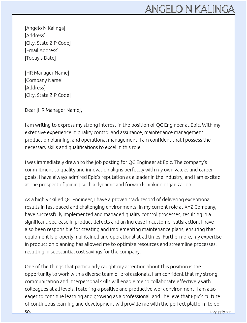 QC engineer  At Epic  Cover Letter