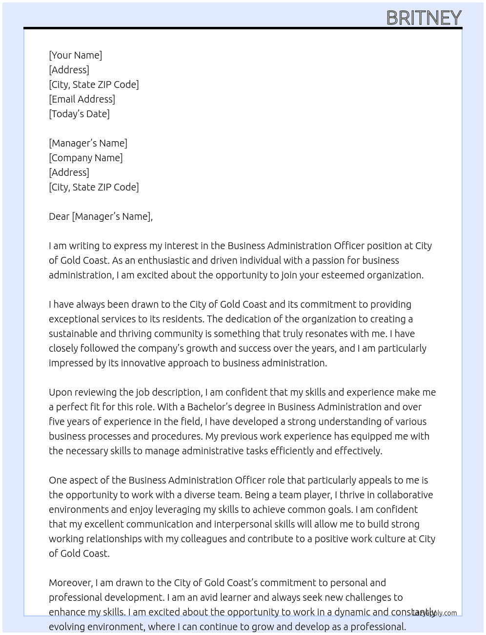 Business Administration Officer  At City of Gold Coast Cover Letter