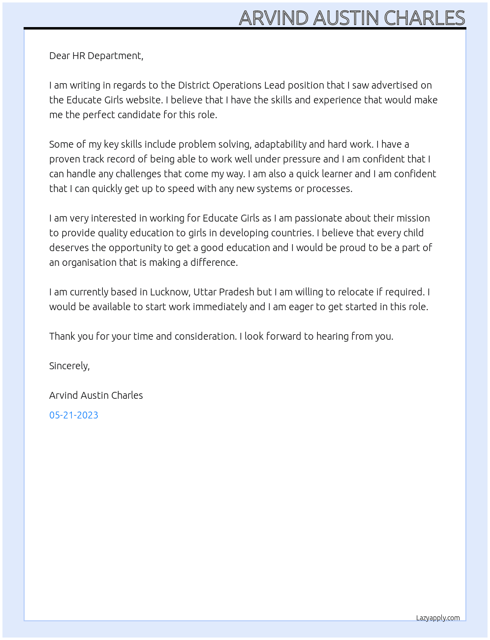 District Operations Lead At EDUCATE GIRLS Cover Letter