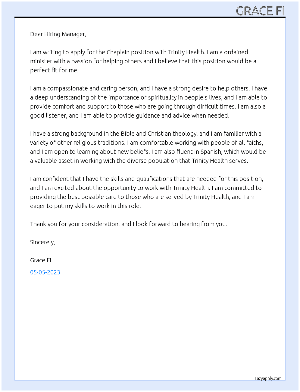 Chaplain At Trinity Health Cover Letter